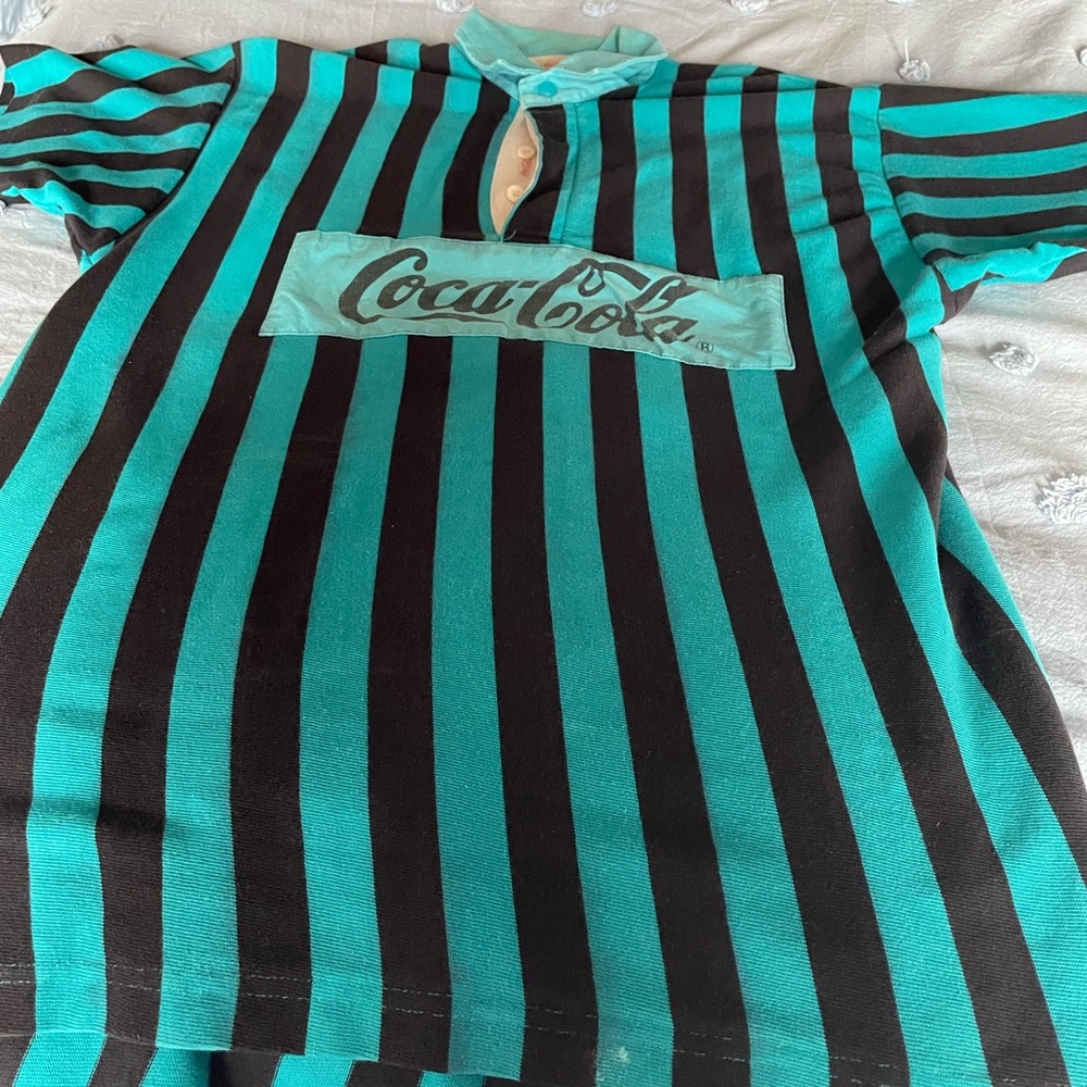 Vintage Coca Cola Polo - Teal and Black Stripes